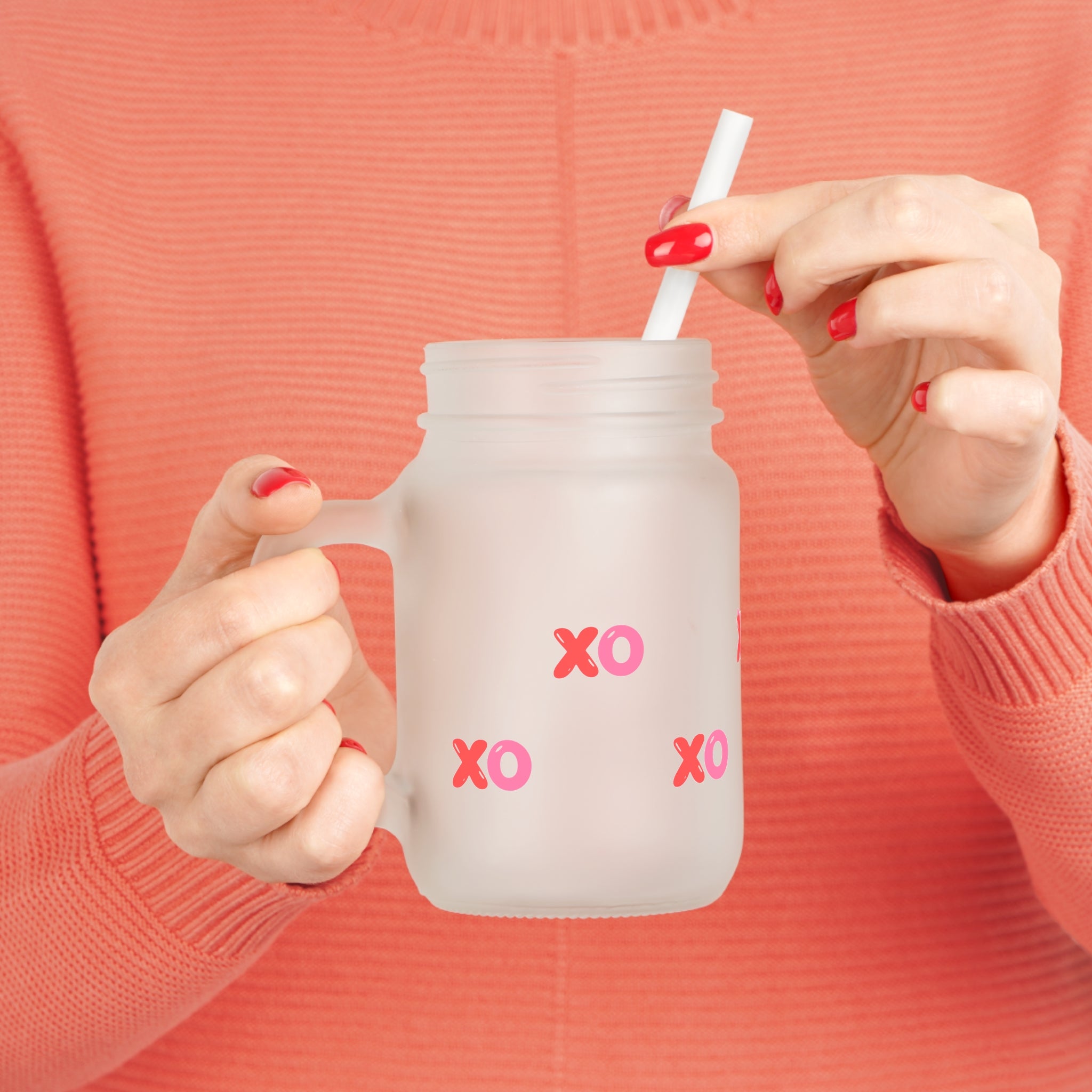 XO Mason Jar Glass - Cute Valentine & Couples Gift | Love Pattern Drinking Jar with Straw