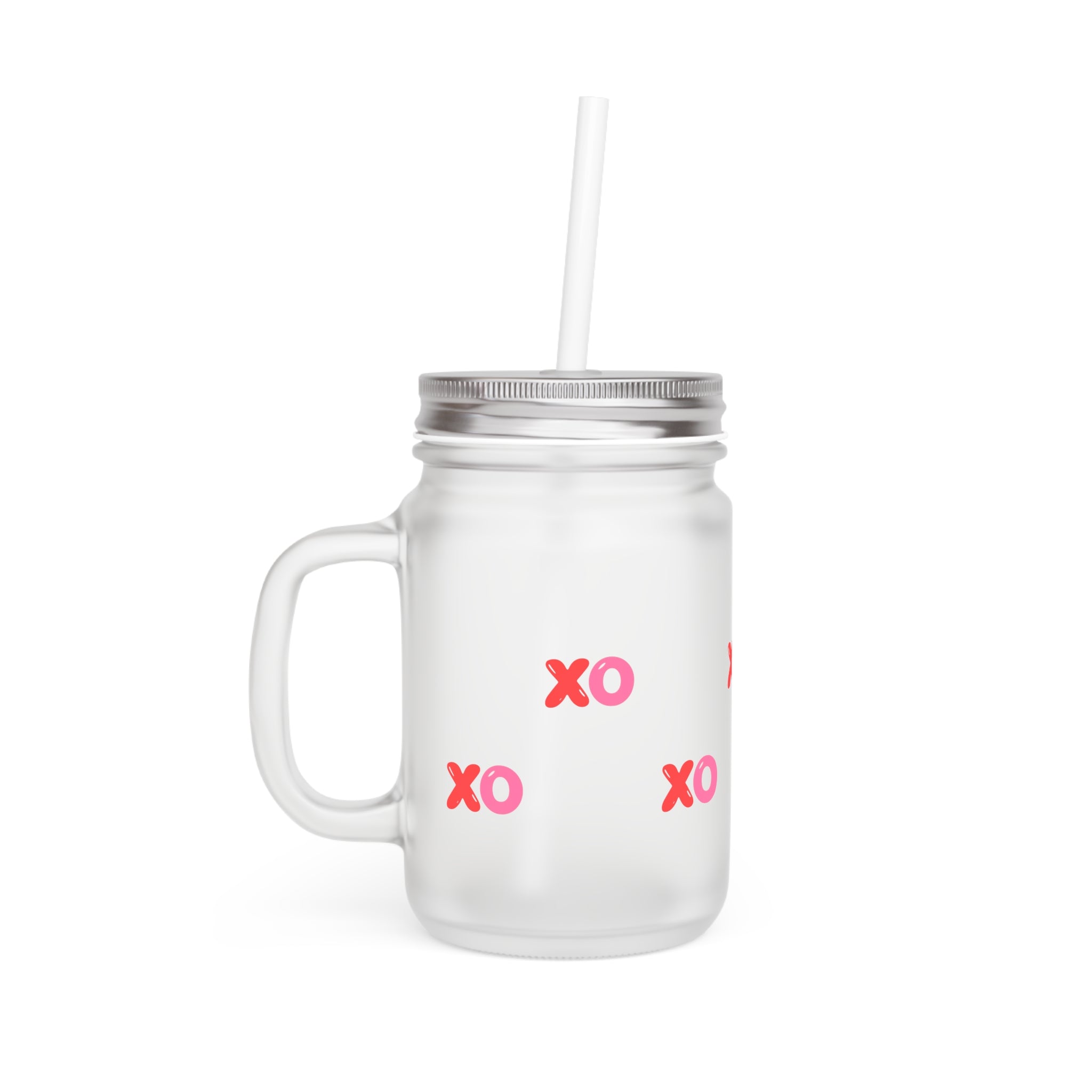 XO Mason Jar Glass - Cute Valentine & Couples Gift | Love Pattern Drinking Jar with Straw