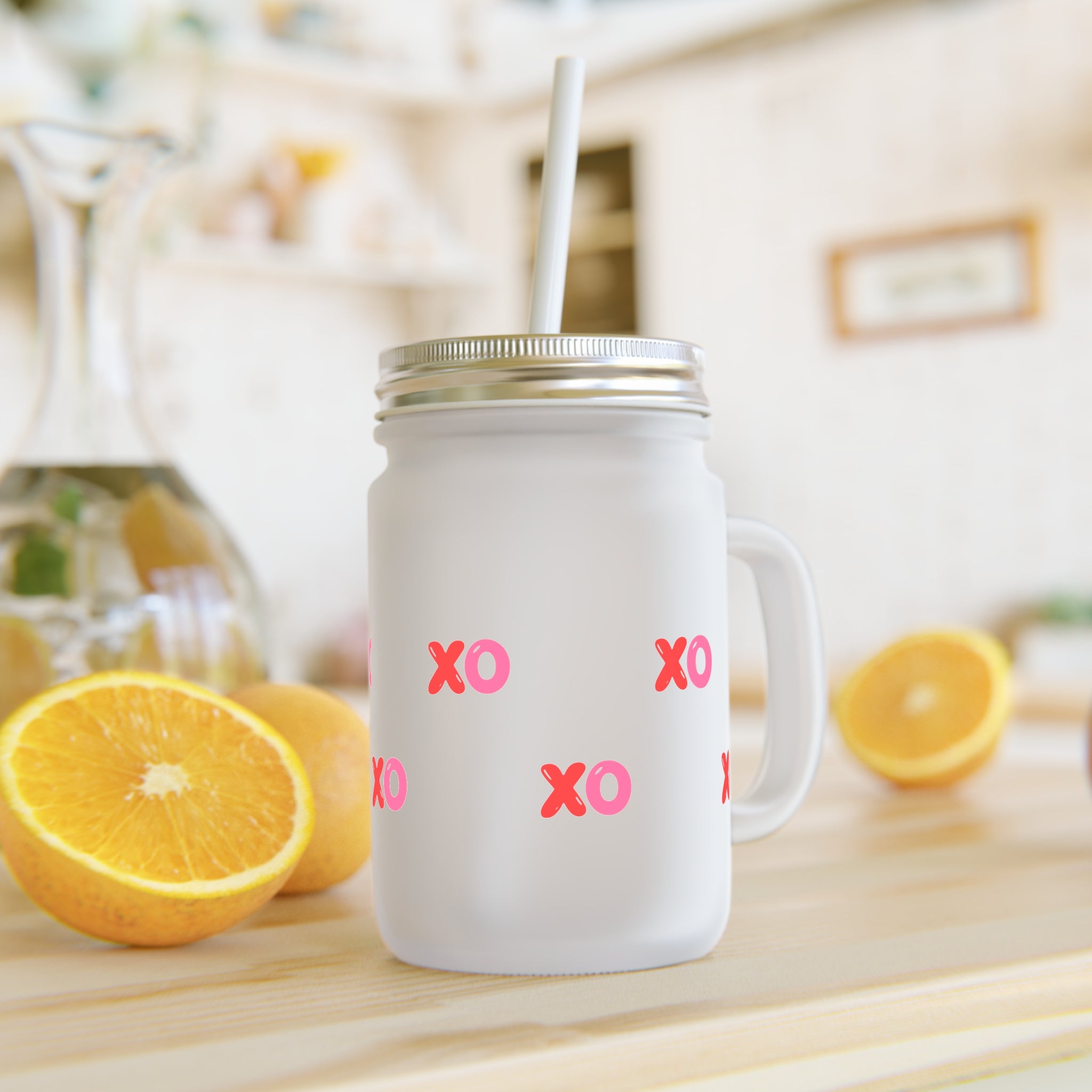 XO Mason Jar Glass - Cute Valentine & Couples Gift | Love Pattern Drinking Jar with Straw